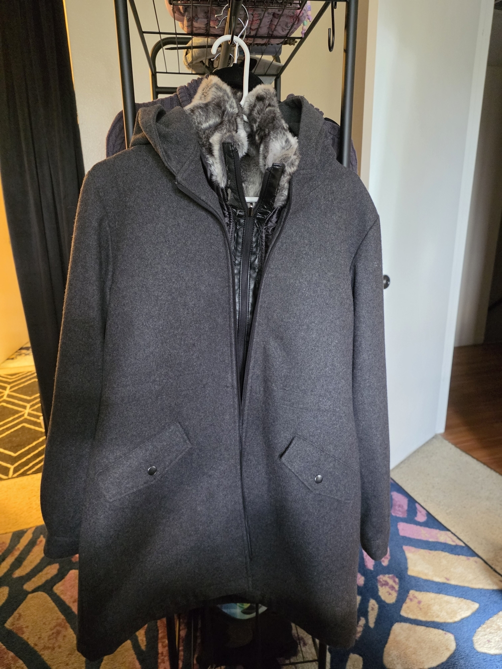 Hilary Radley Dark Gray Hooded Wool-Blend Pea Coat with Faux Fur Trim